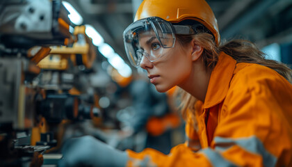 A female engineer in a safety helmet uses VR virtual reality glasses among industrial robotic arms in a control room.
