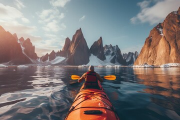 Kayaking in greenland. lone kayaker in vibrant kayak amidst icy waters and towering icebergs - obrazy, fototapety, plakaty