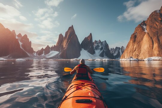 Kayaking in greenland. lone kayaker in vibrant kayak amidst icy waters and towering icebergs