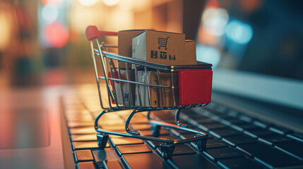 Online Shopping Concept with Cart on Keyboard.A miniature shopping cart filled with package boxes on a laptop keyboard, symbolizing online shopping and e-commerce. - obrazy, fototapety, plakaty