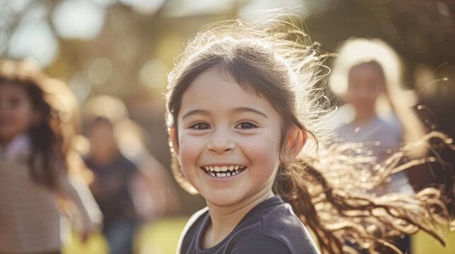 Joyful Young Girl Running Outdoors with Friends.A young girl with a bright smile running in the sun, with blurry friends in the background, depicting childhood joy and activity.