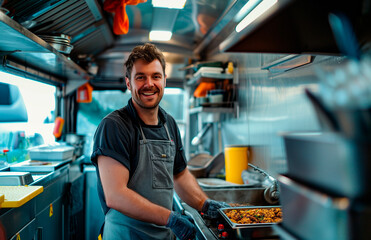 Passionate Culinary Journey: Caucasian Chef Cooking in Food Truck