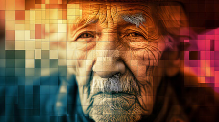 Concept of digitized memories. Old face transitioning from sepia tones to vibrant pixels