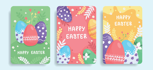 Bright cards Happy Easter. Postcards with Easter eggs.