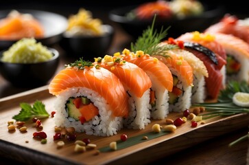 Beauty of a sushi dish, 8K ultra HD, close-up view, 