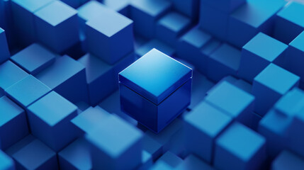 Obraz premium A blue box made of bricks surrounded by blue background in cinema4d.
