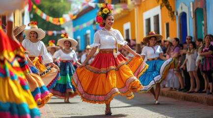 Cultural festivity colorful street parade with traditional dancers and musicians.