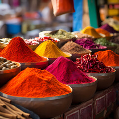 Stacks of colorful spices in a market.