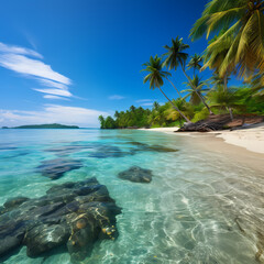 Tropical beach with palm trees and crystal-clear water.