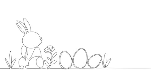 Easter bunny with eggs in simple one line style.