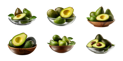 Collection bowl of whole and cut-in-half avocados isolated on a transparent background