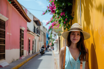 A smiling girl with a hat on a colorful Latin street.