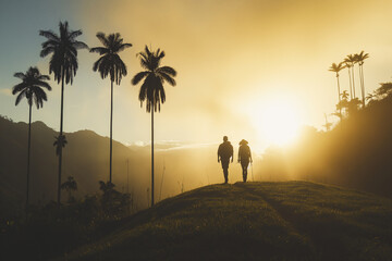 A couple of young people hiking at sunrise in the cocora valley. Travel concept as a couple.