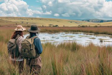 A couple of friends traveling through Latin America, looking at a small lagoon.