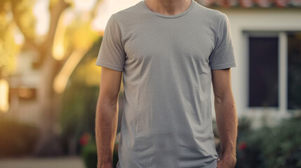 Fototapeta na wymiar Blank Gray T- shirt mockup on male model, Empty T-shirt template, Fashion advertising display. Generative AI 