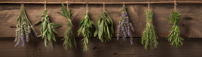 Bunch of herbs hanging to dry on wooden background. Generative AI