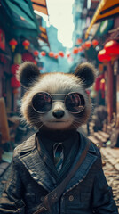 Fashionable panda roams city streets in tailored elegance, epitomizing street style. The realistic urban backdrop frames this black-and-white icon, seamlessly merging bamboo-loving charm with contempo