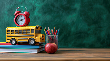 School Supplies with Bus and Alarm Clock on Desk.A vibrant educational setup featuring a toy school bus on books, red alarm clock, apple, and colored pencils against a chalkboard background.