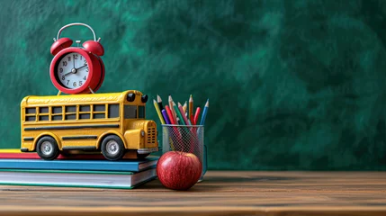 Fotobehang School Supplies with Bus and Alarm Clock on Desk.A vibrant educational setup featuring a toy school bus on books, red alarm clock, apple, and colored pencils against a chalkboard background. © Kowit