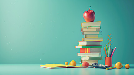 A creative and dynamic arrangement of floating school supplies, books, and an apple against a bright blue background, symbolizing fun and engaging education. - obrazy, fototapety, plakaty