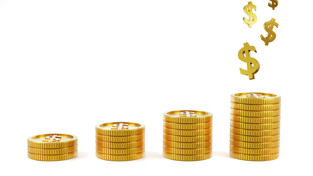 Stack Realistic many gold coins splash on white background. currency value or income increase concept. Cash treasure concept. 3d rendering, illustration
