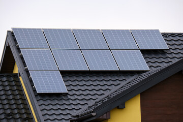 Private home roof covered with solar photovoltaic panels for generating of clean ecological...