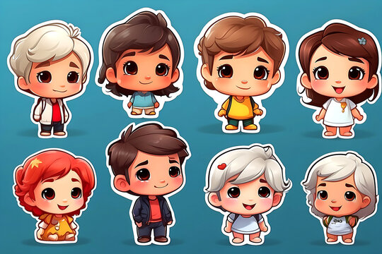 cute stickers, style cartoon, cute Super Deformed Character, white border
