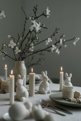 Aesthetic photo. The atmosphere of the Easter holiday. Romantic dinner. Easter bunnies