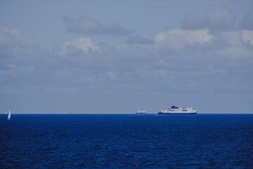 Large passenger ferry liner arrival into port of Barcelona, Spain