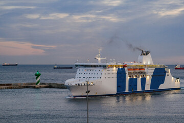 Large passenger ferry liner arrival into port of Barcelona, Spain