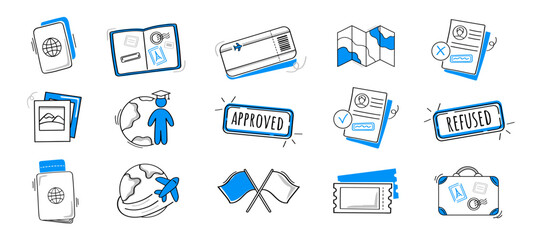 Relocation icons collection. Travel, relocation, emigration. Visa processing. Set of doodle style icons.