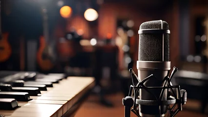 Fotobehang Professional condenser studio microphone in a blurred background with audio mixer, Musical instrument, drum set , guitar, Concept, hype realistic, piano © Prateek