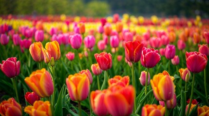 Fototapeta premium Tulip-filled Beauty in a Colorful Summer Field