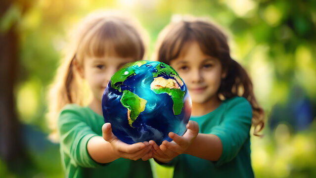 Two Children holding planet earth over defocused nature background with copy space, girl and boy holding world in hands against green spring background, Earth day abstract concept, sun shining, bokeh 