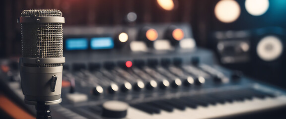 Professional condenser studio microphone in a blurred background with audio mixer, Musical instrument, drum set , guitar, Concept, hype realistic, music producers