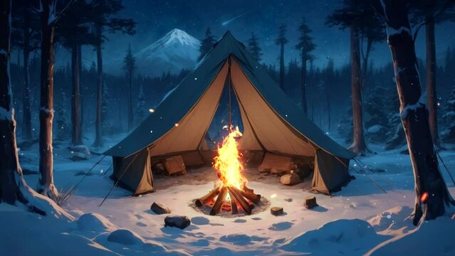 A tent with a campfire in the woods