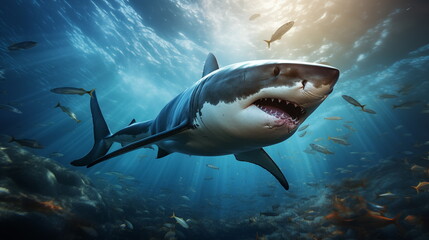 Naklejka premium White shark open toothy dangerous mouth with many teeth.Clear water shark swims. Generated AI