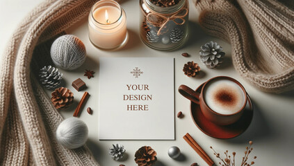 Fototapeta na wymiar Cozy Winter Mockup with Coffee and Candle, A warm and cozy winter mockup scene featuring a coffee cup, candle, knitwear, and space for your design. 