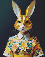 woman in geometric rabbit mask, yellow tones,Easter - obrazy, fototapety, plakaty