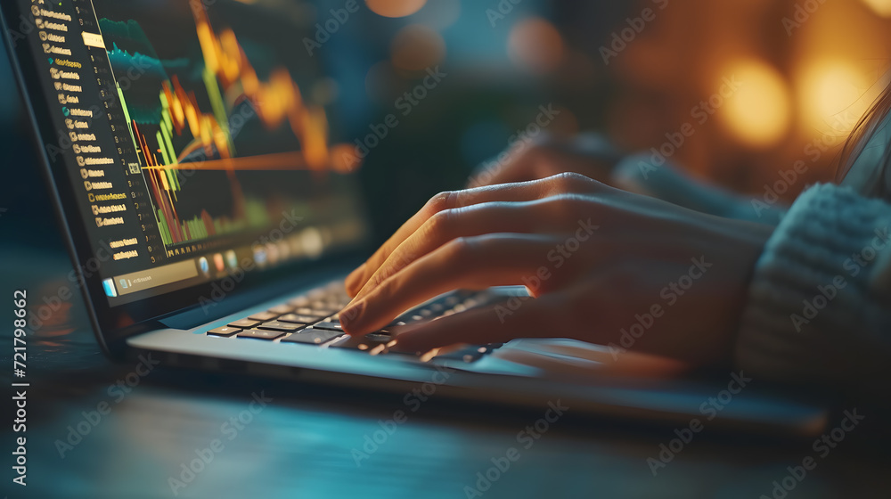 Poster close up of hands typing on a laptop with gold price chart on the sceen. bokeh light.