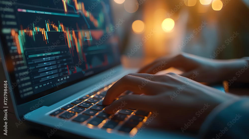 Poster close up of hands typing on a laptop with gold price chart on the sceen. bokeh light.
