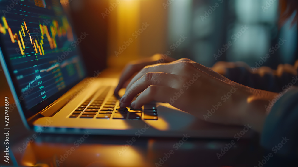Poster close up of hands typing on a laptop with gold price chart on the sceen. bokeh light.