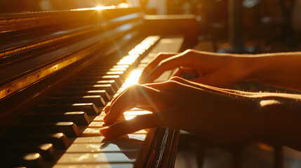 Close-up of hands playing piano in restaurant, warm lighting, a person playing a piano with their hands.