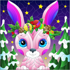An illustration in the style of a stained glass window with a portrait of a cute rabbit, an animal against the background of the night sky and fir trees