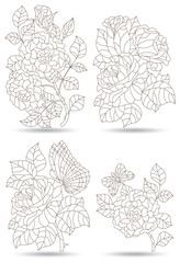 Naklejka premium Set of contour illustrations in stained glass style with abstract flowers, dark outlines isolated on a white background