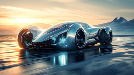 a futuristic car concept with a streamlined design, sleek curves, and advanced aerodynamics,...