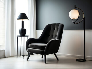 Relax in Style with a Plush Black  Armchair/Single Sofa, Surrounded by the Minimalistic Beauty of White Walls and a Glossy Black Table