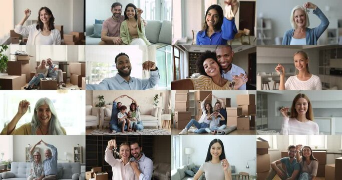 Group of multiethnic young and mature people looking at camera showing bunch of keys celebrate relocation day to new own house. Real-estate buyer, first dwelling, tenancy, multiple videos collage view