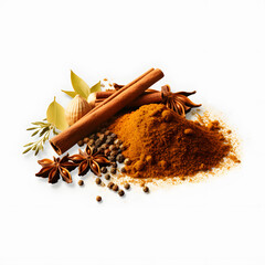 Some aromatic cinnamon with star anise and ground spice in a bowl over white background