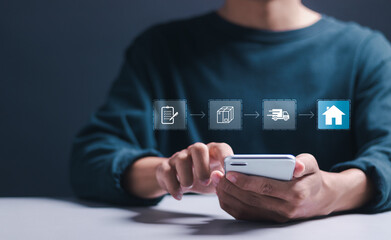 Logistic and transport concept. Person use smartphone with virtual product transportation process icon, Logistic management, organizing and controlling resources to meet the needs of customers.